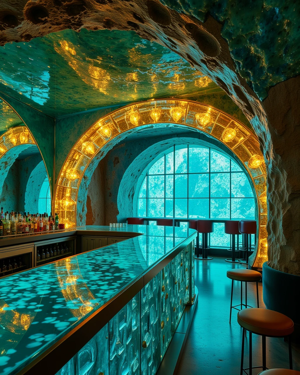 glassbarbylaushine,interior design of a luxurious pub in a cave underground,made out of translucent turquoise material,gold-leaf and crystal,fill with glass made chairs and tables,illuminated by warm spotlight