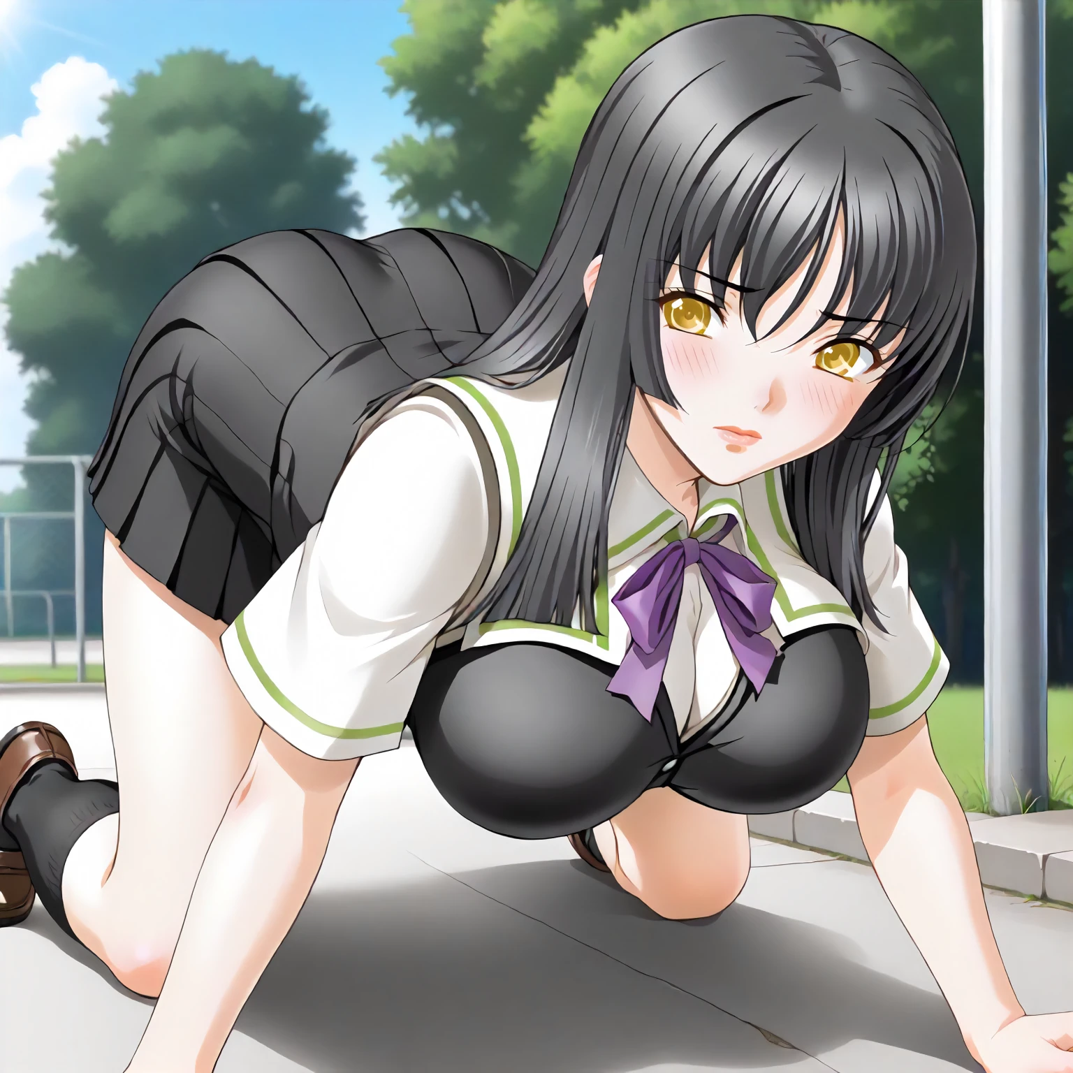 nsfw , Jinguuji Marimo , (((highres official art))) , (((muv-luv alternative))) , (((1girl))) , brown hair , brown eyes , long hair , hair intakes , blush , shy , squatting girl, spread legs, after sex, pussy, cum drip, cum in pussy, sweat, outdoor