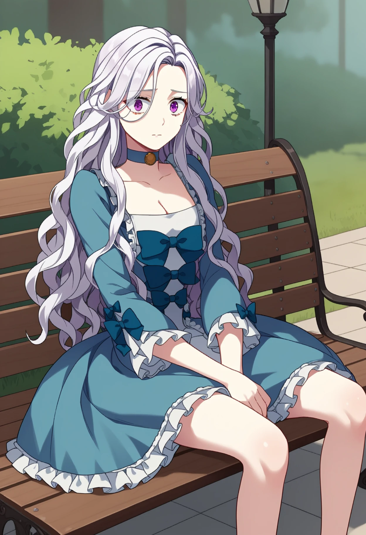 score_9, score_8_up, score_7_up, source_anime, 
BREAK
1girl, solo, <lora:shiAbiMomV1:0.9>,
shiabidef, vnstyle,
white hair, purple eyes, long hair, wavy hair, 
blue dress, frilled dress, frilled sleeves, long sleeves, 
blue choker, blue bow, cleavage, 
looking at viewer, expressionless, 
outdoors, park bench, spread legs, worried,  sitting,