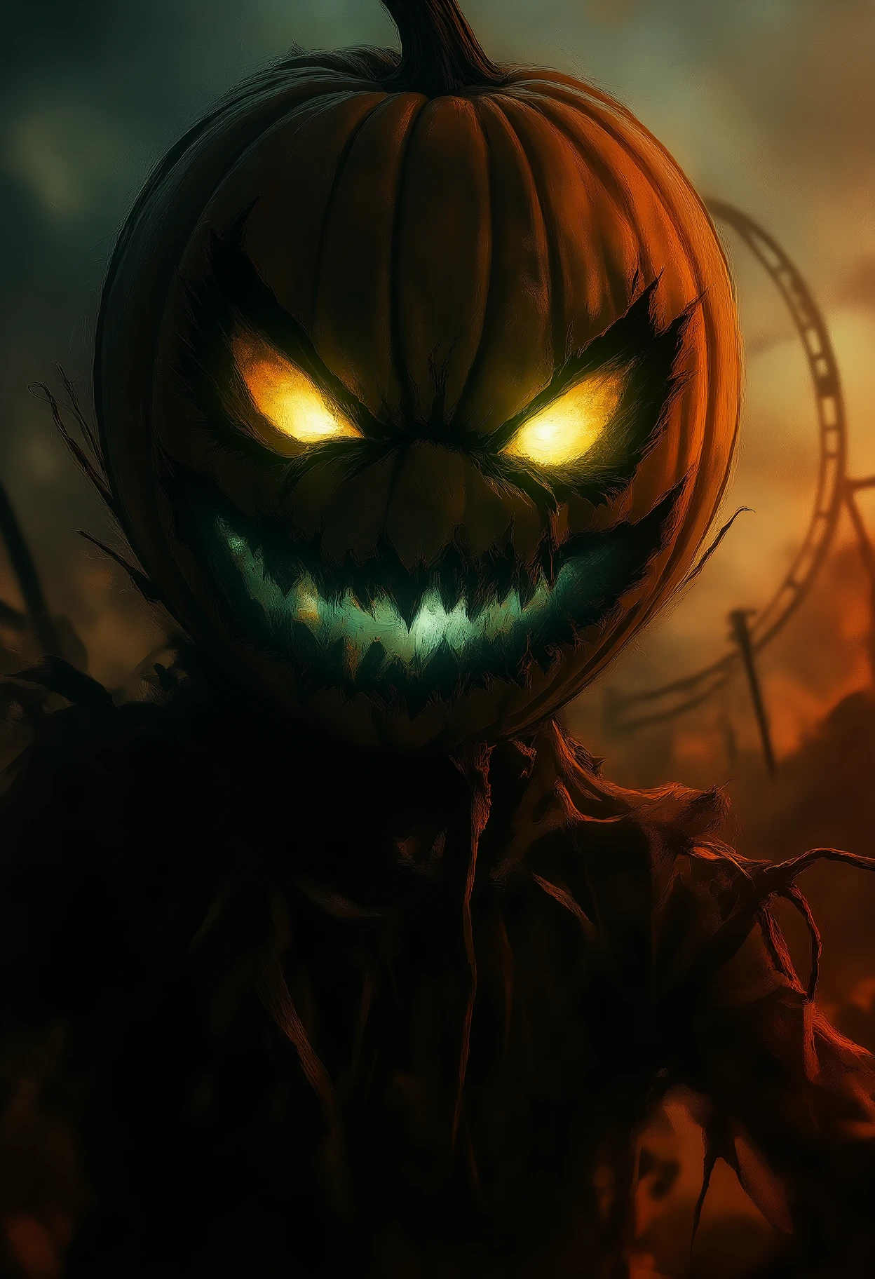 An ultra-realistic close-up of J4CK, colorful yellow, orange and teal Smile of death, dark fantasy, vintage style, volumetric light, light reflection on the right side of J4CK's face. The figure's face is partially obscured by the shadows, but its menacing expression and bony features are clearly visible, creating an intense and unsettling atmosphere. The glowing eyes shine eerily in the darkness, contrasting sharply with the deep shadows that envelop the figure. The background is vague and indistinct roller coaster, emphasizing the focus on the terrifying, otherworldly presence of the figure as it confronts the viewer