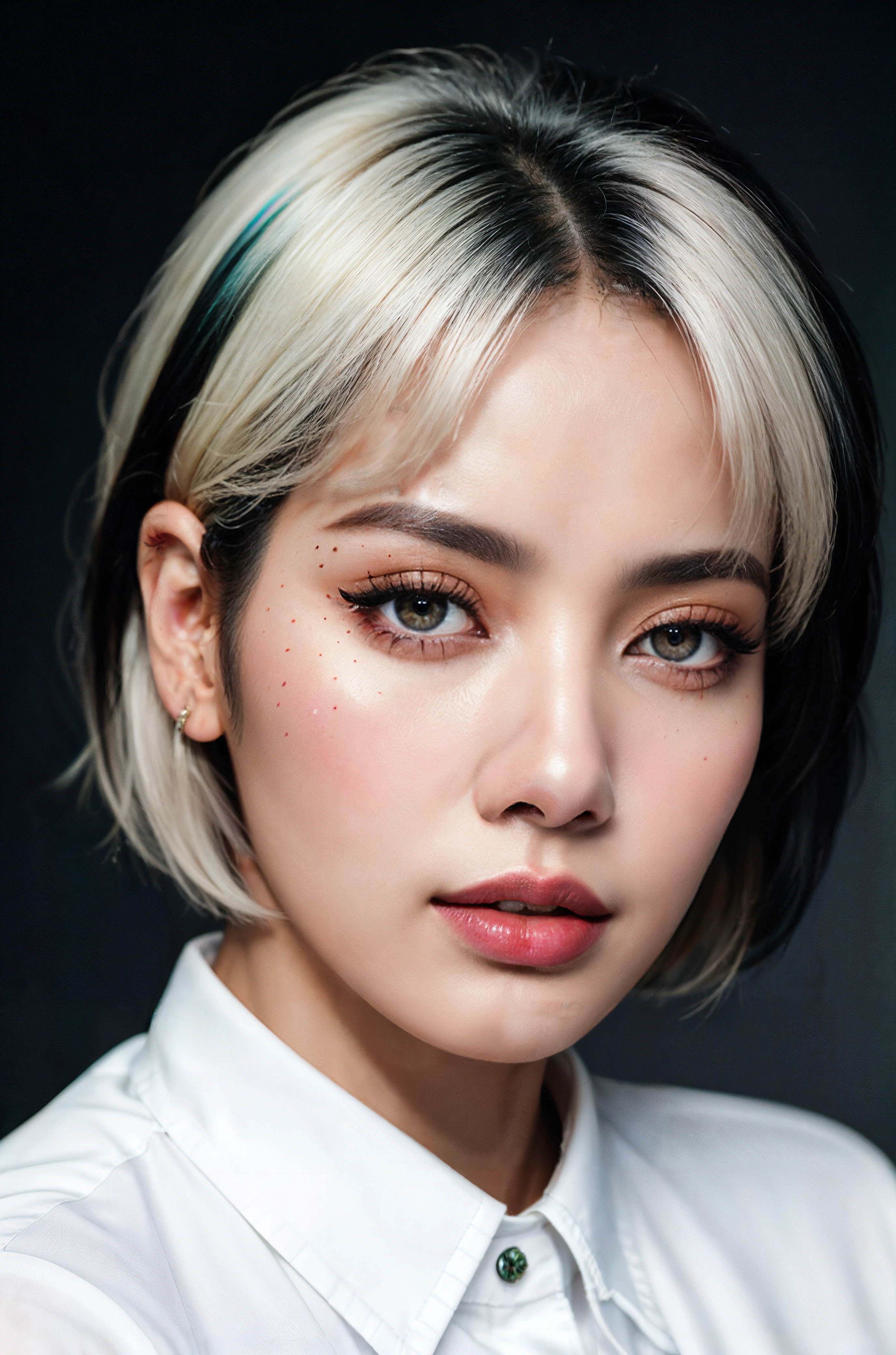 Photography, Portrait, taken with DSLR, F/2.8, (High quality), (masterpiece), realistic, 8K,  lalisamanoban, (portrait, close-up), [white collared shirt], [black hair, white hair, multicolored hair, short hair], <lora:LalisaManobanv6:0.95>