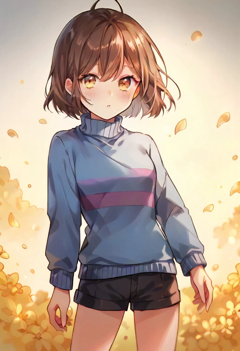 score_9, score_8_up, score_7_up ,FriskXL11, yellow eyes, brown hair, blue sweater with purple stripe, shorts,short hair, boots ,petals on arm, hansome face,blush, high detailed face, 
<lora:Frisk:1.0>