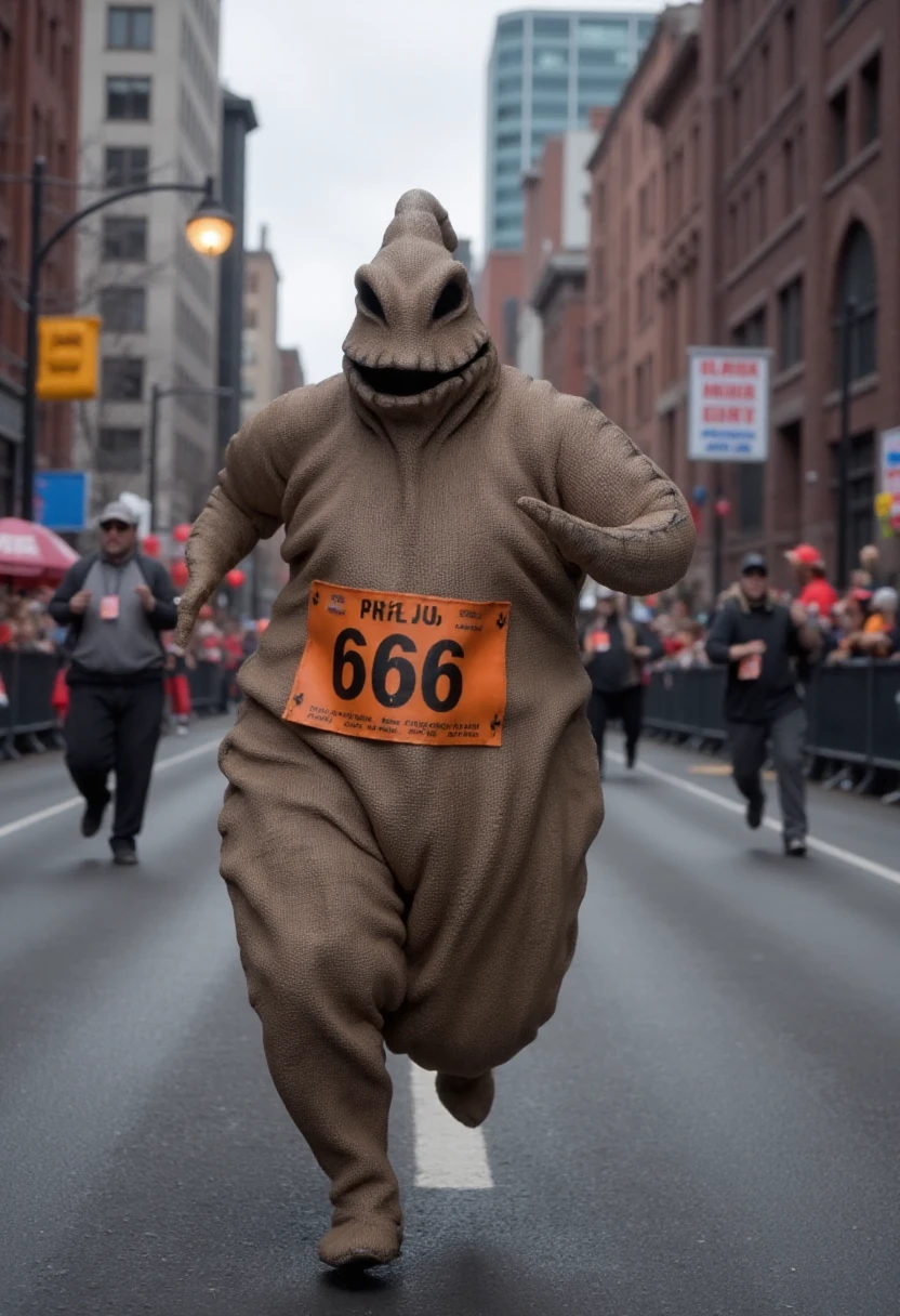 <lora:Oogie_Boogie_The_Nightmare_Before_Christmas_FLUX-000029:0.9>
Photo of Oogie Boogie, a humanoid, burlap, sack-like creature, running a marathon in the city. He is wearing a racing number 666