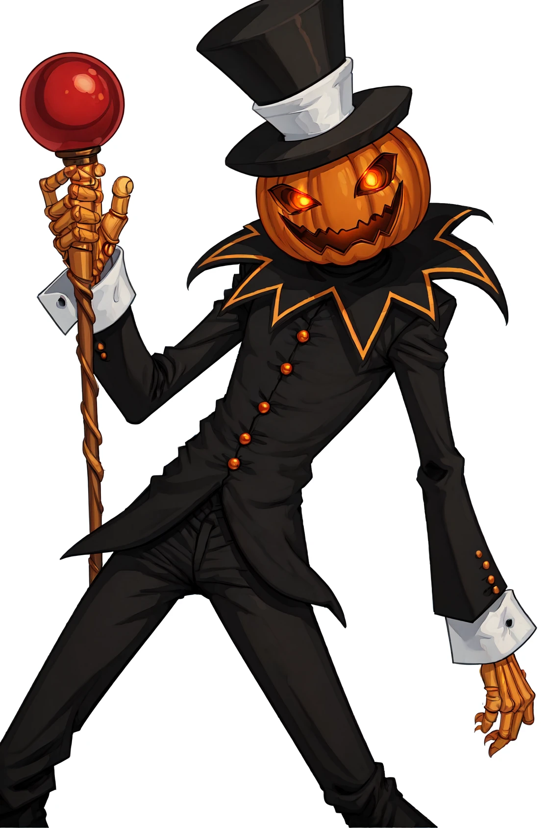 jakkRo, top hat, pumpkin head, black pants, glowing eyes, suit, long sleeves, no human, 
holding staff, solo,
standing, upper body,
white background,
 <lora:jakkROV1.0-000007:0.85>