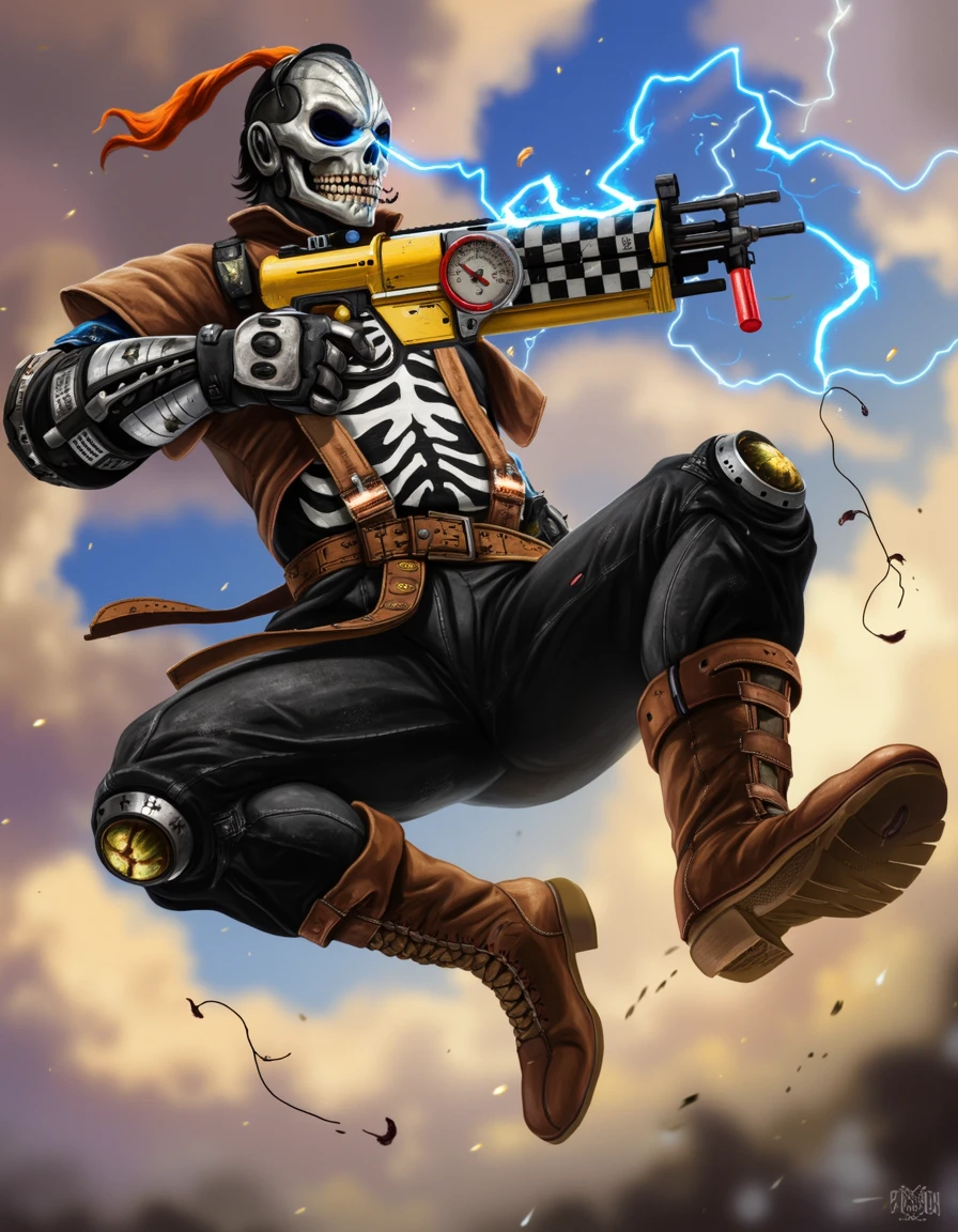 dalu, masked man leaping through the air leaving blue trails of light coming from his eyes, wearing brown vest with mechanical arms and a black and white skeletal shirt underneath, black pants with brown boots with eyes and teeth on the top of them, checkerboard suspenders dangling, holding a yellow with black white checkerboard weapon with blue electricity and a pressure guage, red handles, clouds, sparks