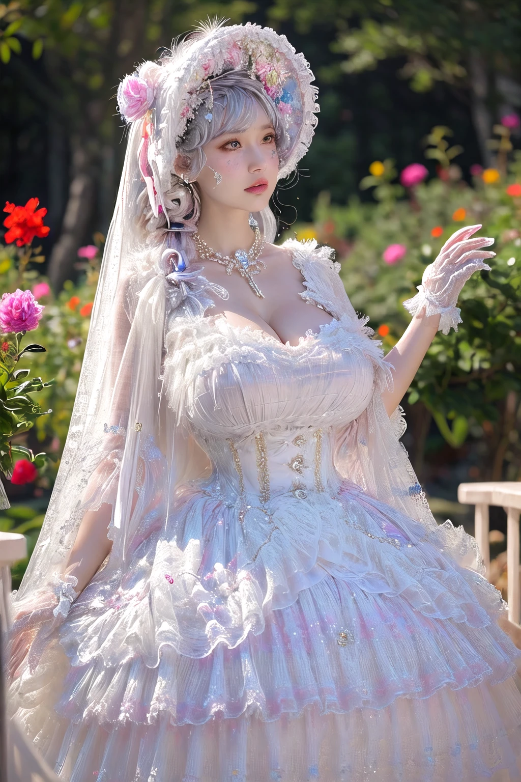 (masterpiece, best quality:1.2),illustration,8k,hd,1girl,solo,silver hair,long hair,cowboy shot,
mjpy,white dress,jewelry,bonnet,ribbon,hair ribbon,pearl necklace,frills,corset,hair ornament,white gloves,bonnet,frilled dress,
(collarbone:1.2),big breasts,saggy breasts,(cleavage:1.2),extremely detailed dress,