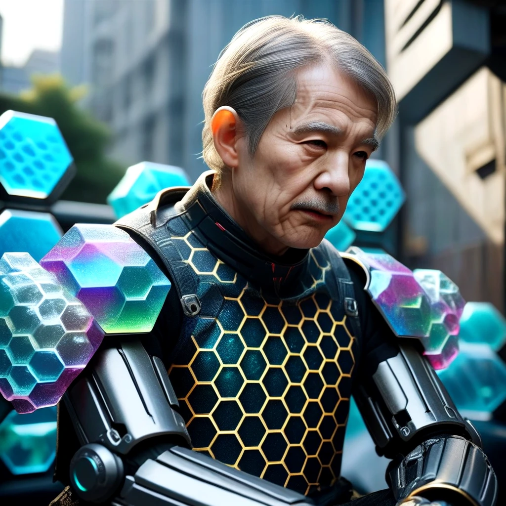 <lora:Scale_armor_SDXL:0.7>old man, wrinkled skin, jewelry, sitting, upper_body, outdoors, armor, blurry, gauntlets, science_fiction, realistic, nose, android, mechanical_arms, cyborg, barcode, cyberpunk, ice_cube, mechanical_parts, honeycomb_(pattern), hexagon print wings