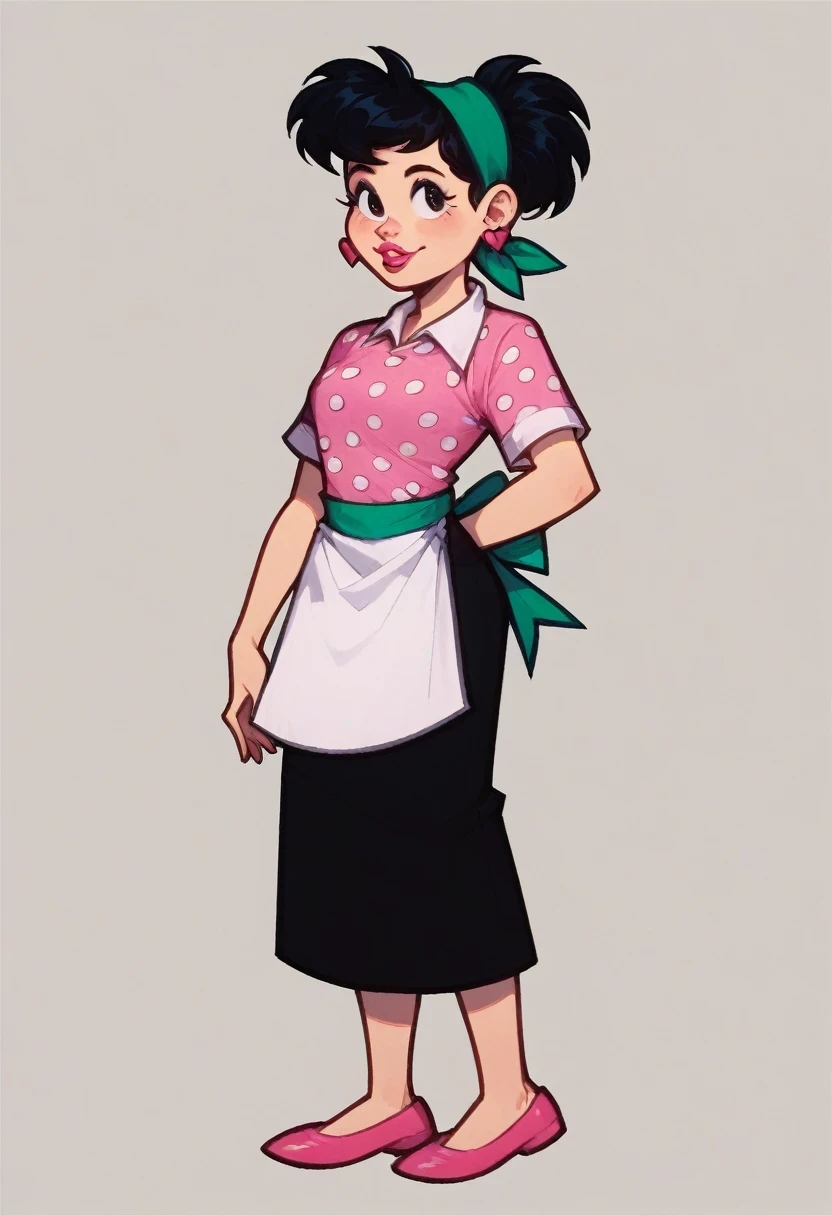 dona_lurdinha, 1girl, solo, shirt, black hair, jewelry, earrings, hairband, apron, pink footwear, black skirt, pink lips, lipstick, green hairband, pink shirt, pink earrings, standing, full body