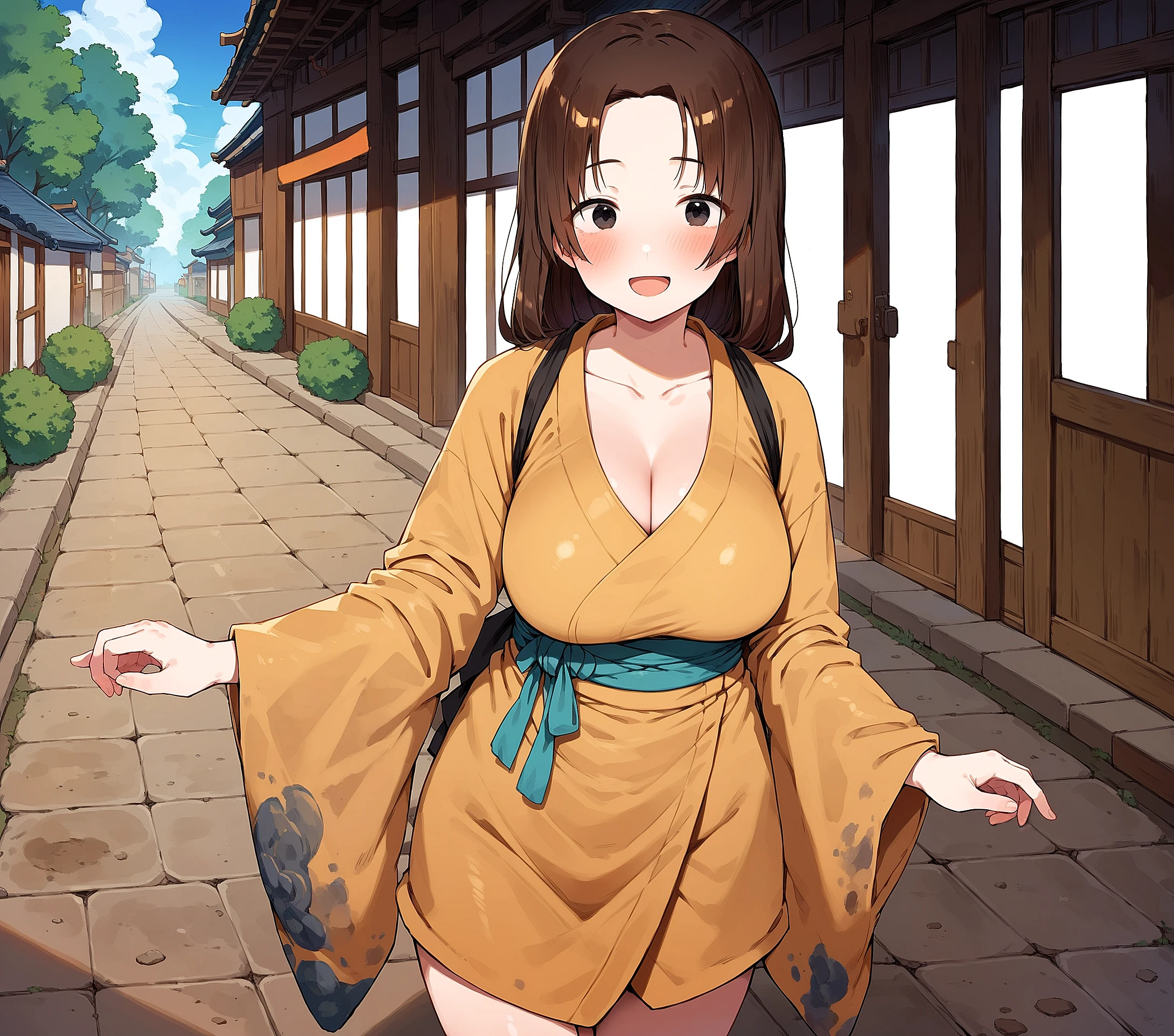 score_9, score_8_up, score_7_up, anime_style, 2D, Hina, 1girl, solo, long hair, brown hair, black eyes, breasts, looking at viewer, blush, smile, open mouth, bangs, large breasts, dirt floor, narrow street, old japanese background, ancient japanese buildings, stall on the floor, long sleeves, cleavage, standing, collarbone, :d, thighs, cowboy shot, japanese clothes, wide sleeves, kimono, parted bangs, sash, forehead, poor girl