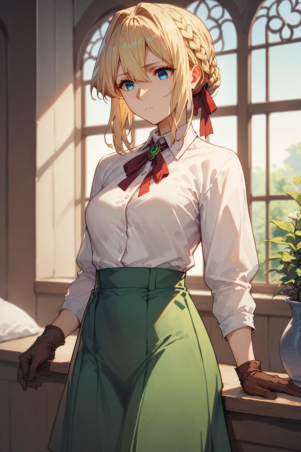 score_9, score_8_up, score_7_up,1girl,violet evergarden,blonde, braid, red ribbon, blue eyes, medium breasts, white shirt, collared shirt, green skirt,long sleeves, gloves