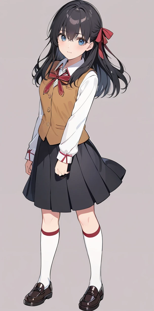 masterpiece,ultra-detailed,best quality,8K,illustration,cute face,clean skin ,shiny hair,girl,ultra-detailed-eyes,simple background, <lora:add-detail-xl:1> <lora:homurahara academy school uniform_XL_V1.0:1> homurahara academy school uniform, red ribbon, vest, skirt,socks ,shoes