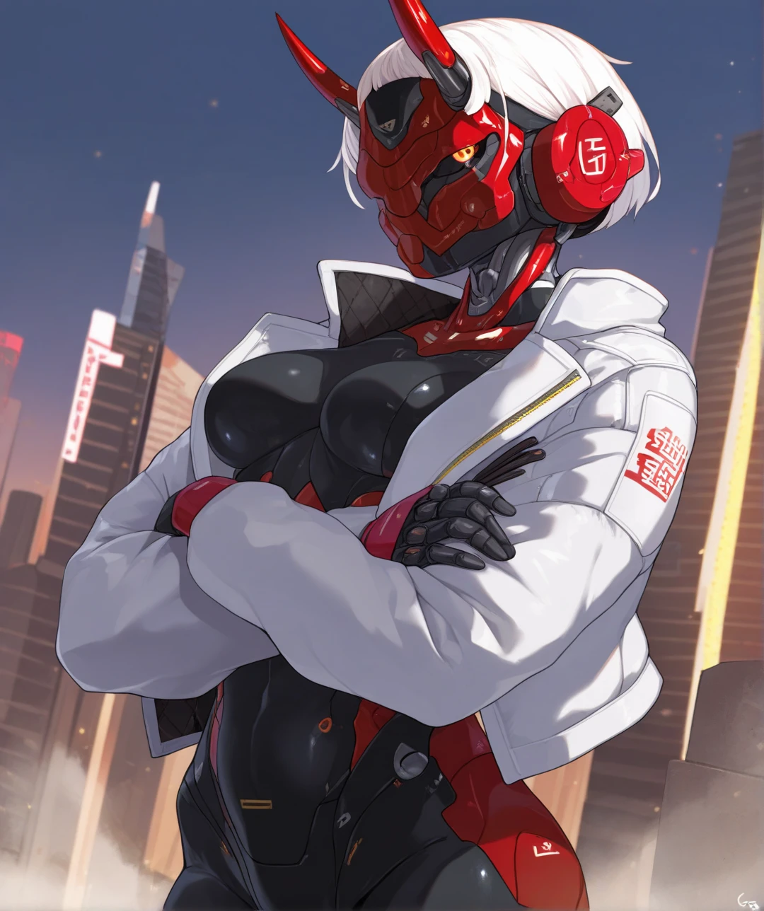 masterpiece, best quality, very aesthetic,gloss, source_anime,outdoors, city, cyberpunk
BREAK
1girl, solo, short hair, looking at viewer, science fiction, white hair, android, robot joints, oni horns, cyborg, medium breasts, mechanical ears, standing, crossed arms, covered face, black bodysuit, white jacket, mechanical ears, helmet,robot,humanoid robot,looking to the side,
<lora:yunimaru_ill-fandango:0.7>