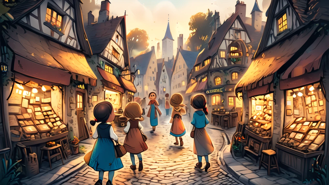 quaint village, cobblestone streets, children playing, vibrant hues, hand-drawn style, soft lighting, wide-angle view, vintage storybook  <lora:artfullySTORYBOOK:1>, artstrybk,