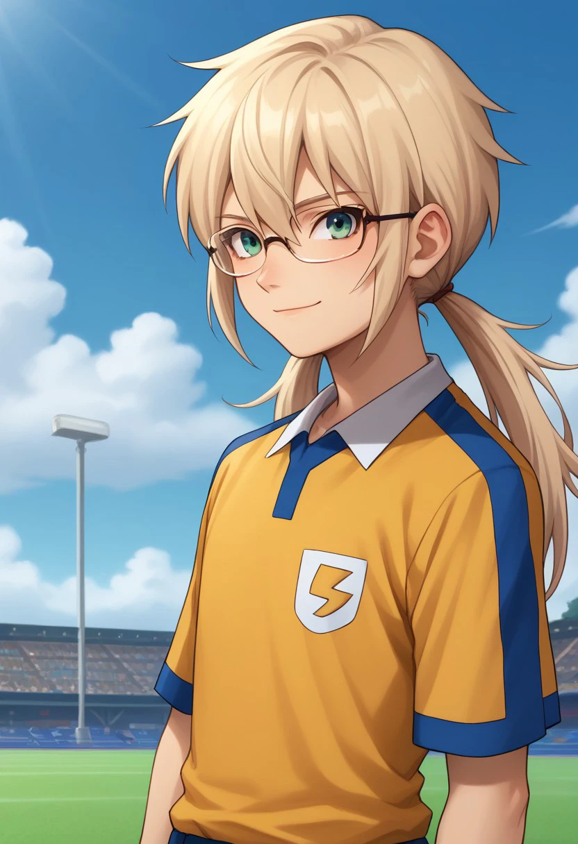 score_9, score_8_up, score_7_up, source_anime, highly detailed, 
kirino, 1boy, male focus, solo, blonde hair, green eyes, glasses, twintails, very long hair, sportwear, raimon, raimon soccer uniform, shirt, yellow shirt, short sleeves, shorts, blue shorts, upper body, smile
outdoor, sky, cloud