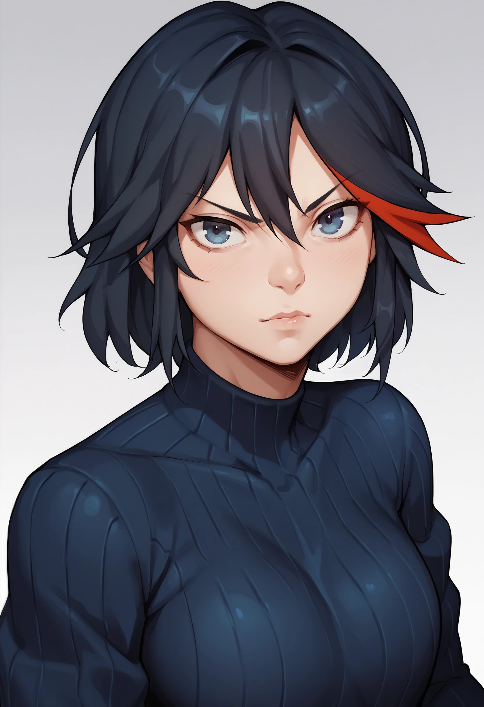 <lora:natedecock-guy-PONY-DORAv1:1> natck, score_9, score_7_up, 1girl, solo, black hair, ribbed sweater, gradient background, grey background, portrait, looking at viewer, matoi ryuuko