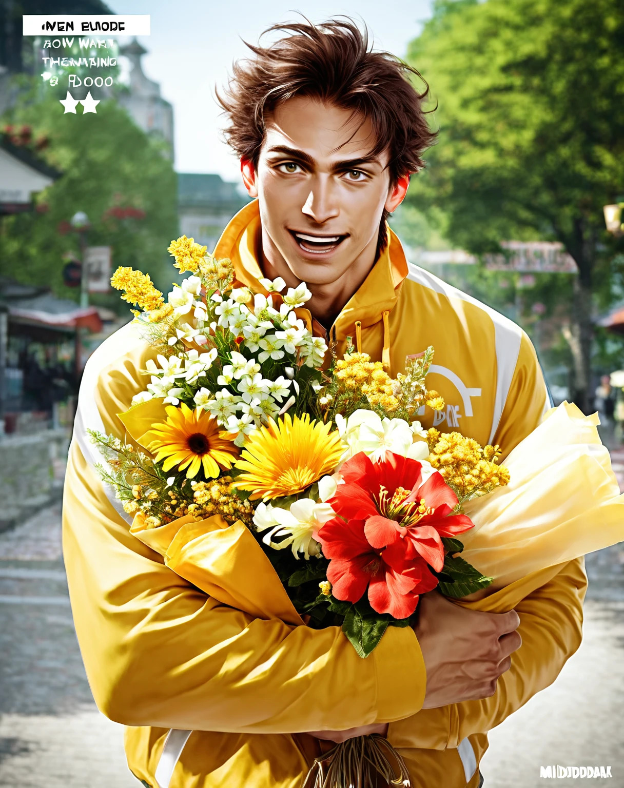 score_9, score_8_up, score_7_up, score_6_up, mondoduplantis, 1boy, male focus, solo, holding, flower, outdoors, realistic, looking at viewer, photo background, yellow jacket, brown hair, smile, blurry background, blurry, open mouth, jacket, bouquet, english text, long sleeves, upper body, short hair, dizdoodz