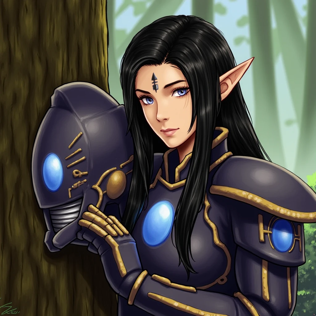 aeldari, asuryani, standart aeldari, aeldari's armor, aeldari's shoulder armor, aeldari's helmet, solo, long hair, looking at viewer, black hair, 1girl, holding, pointy ears, tree, grey eyes, elf, gauntlets, headwear removed, white eyes, helmet removed, holding helmet, breastplate