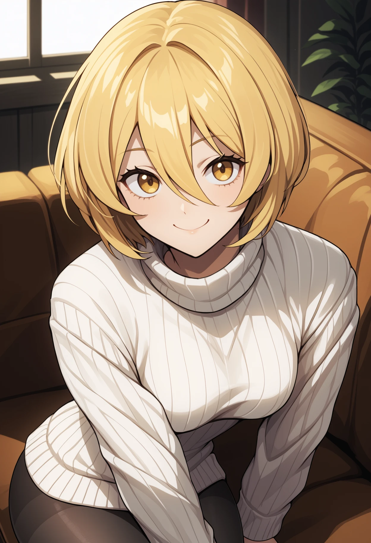 score_9, score_8_up, score_7_up, source_anime, <break> solo, 1girl, d0nquix0tedef, smile, looking at you, sitting, couch, short hair, blonde hair, hair between eyes, yellow eyes, white sweater, sweater dress, ribbed sweater, turtleneck, black pantyhose, indoors
<segment:yolo-face_yolov8m.pt,0.4,0.5//cid=1>