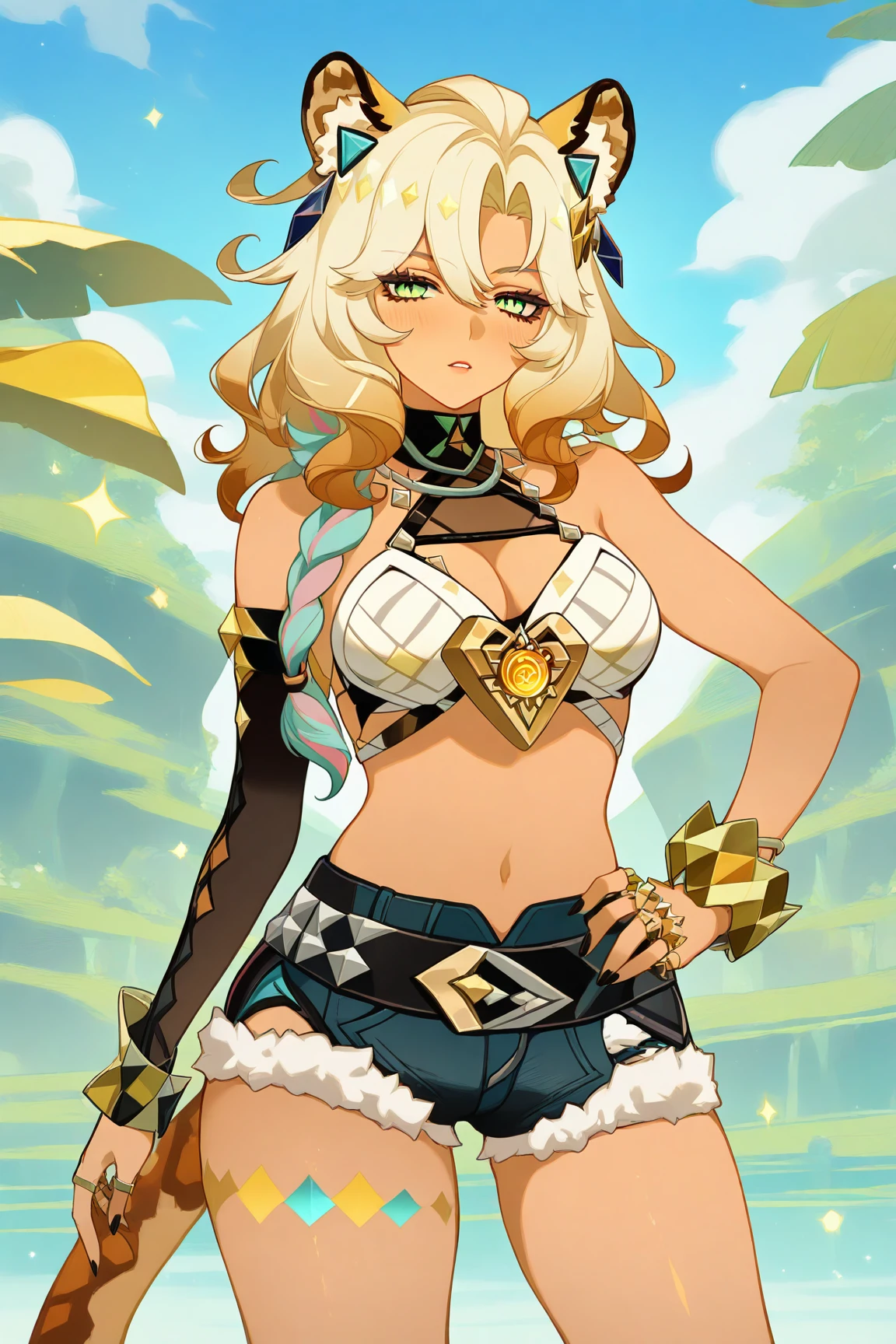 masterpiece, best quality, very aesthetic, absurdres, BREAK <lora:nata_3in1_illu-xlv0.1-000014:1>xilonen_(genshin_impact), 1girl, breasts, solo, jewelry, shorts, animal_ears, dark_skin, ring, tail, navel, dark-skinned_female, looking_at_viewer, braid, hand_on_own_hip, short_shorts, black_nails, necklace, denim_shorts, denim, sky, blue_sky, nail_polish, cleavage, bare_shoulders, outdoors, large_breasts, thighs, day, parted_lips, detached_sleeves, midriff, belt, blush, standing, cowboy_shot