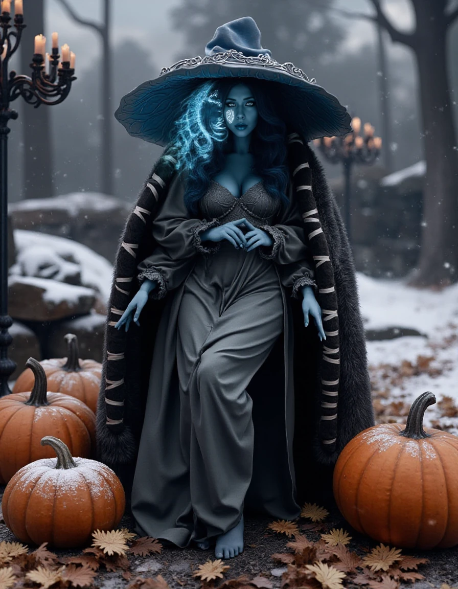 Ranni, a blue skin woman with extra arms and extra face and witch hat in an halloween scenery with candies and pumpkins. she wears a big coat a swow witch robe. Outdoor with snow  <lora:Ranni:0.9>