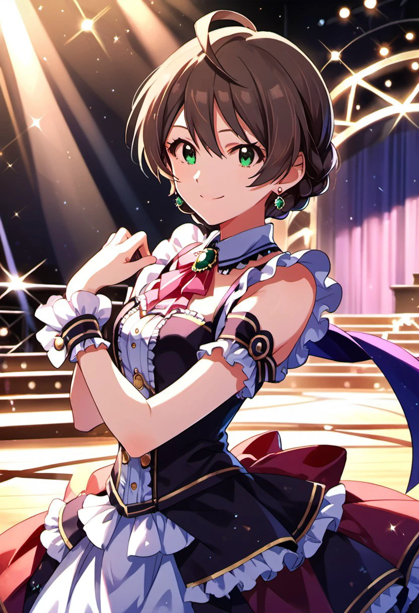 score_9, score_8_up, score_7_up, source_anime, sakuramori kaori, green eyes, brown hair, ahoge, 1girl, jewelry, solo, braid, earrings, short hair, smile, looking at viewer, stage, wrist cuffs, frills, idol