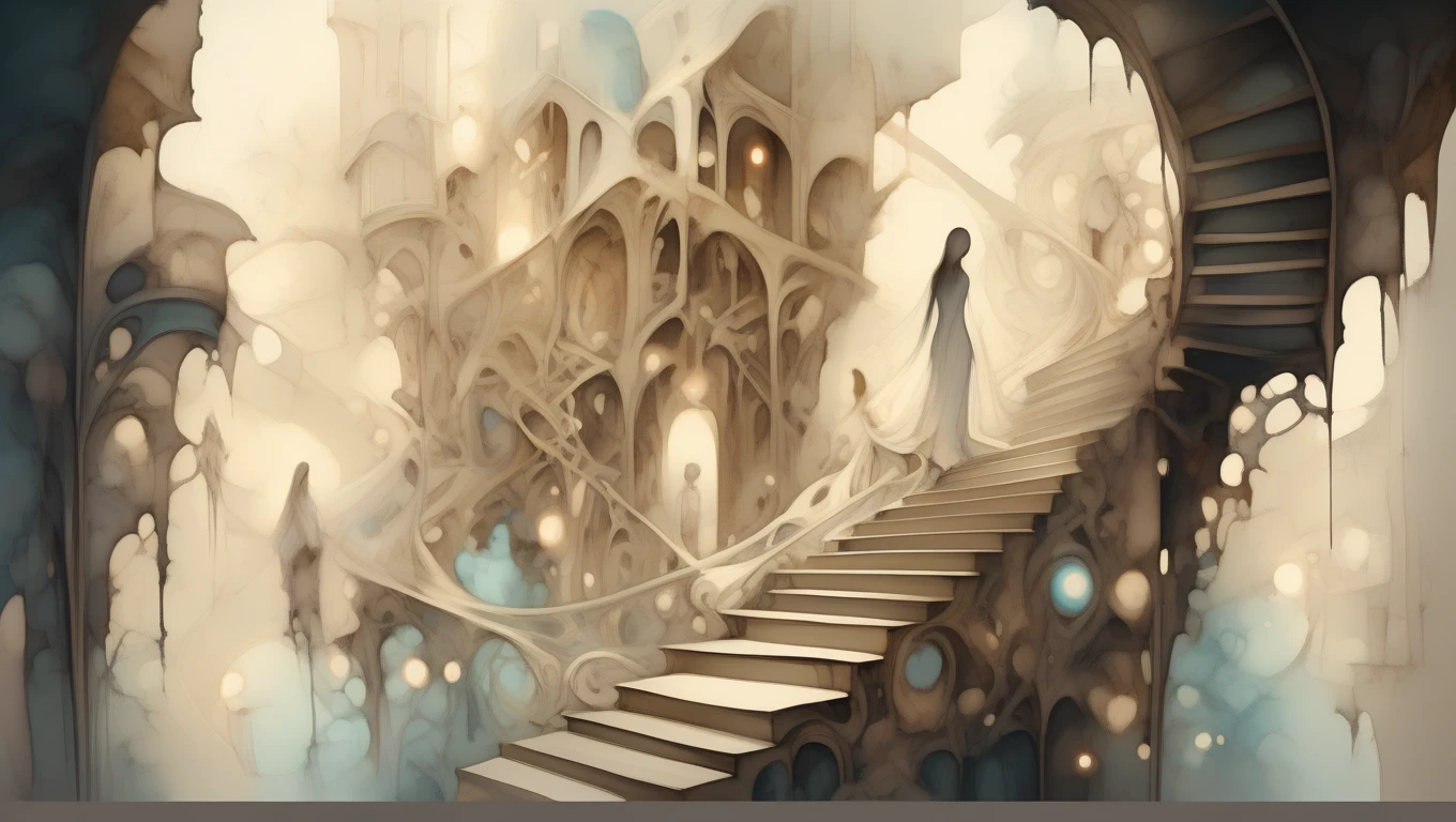 surreal architecture, impossible stairs, dreamlike figures, muted tones, intricate linework, flowing organic shapes, ethereal light, high contrast <lora:artfullyDANCECHELIER:1>, artdncchlr,