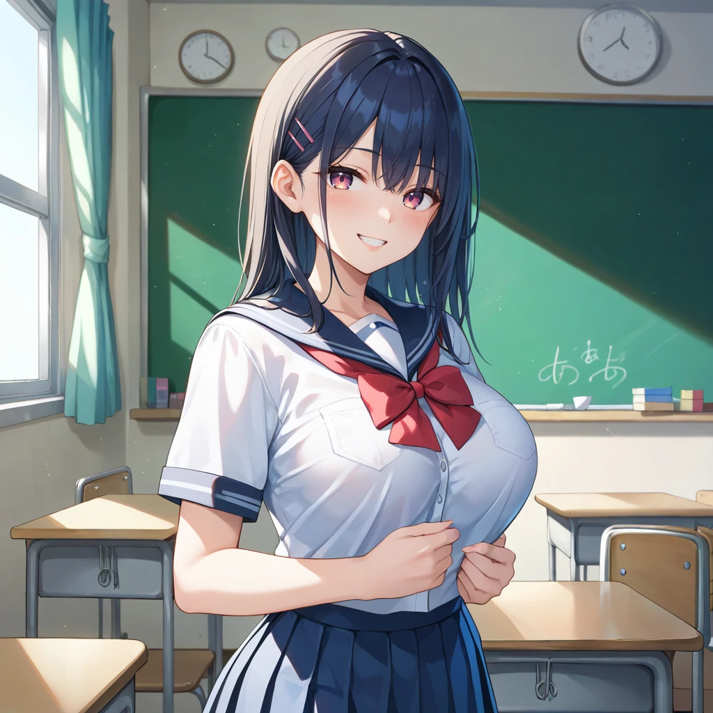 anime girl with long black hair and red eyes posing for a picture, seductive anime girl, anime girl wearing a black crop top sleevesless shcool uniform, anime moe artstyle, by Jin Homura, attractive anime girl, tall, anime style 4 k, smooth anime cg art, beautiful anime high school girl, gapmoe yandere, anime girl, loli in horny, armpits, panties aside, spread legs, pussy, classroom