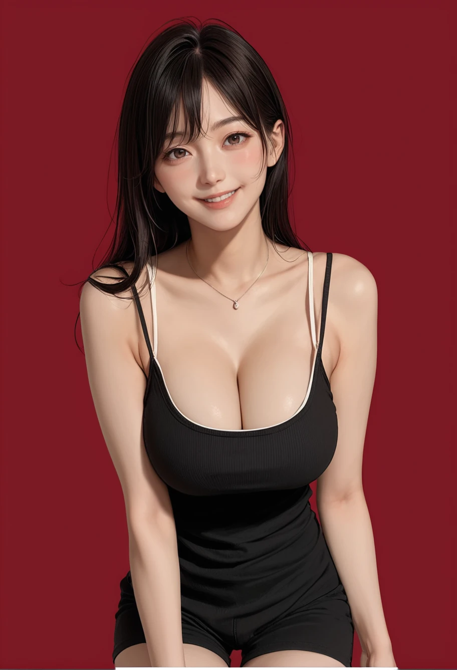 1girl,cowboy shot,red background,,ruanyi1045,black shorts,camisole,spaghetti strap,<lora:1045 Home wear 47_v1_pony:1>, score_9, score_8_up, score_7_up, score_6_up, score_9, score_8_up, score_7_up, score_6_up source_anime, blush, 1girl, seduce smile, perfect body , natural huge breasts