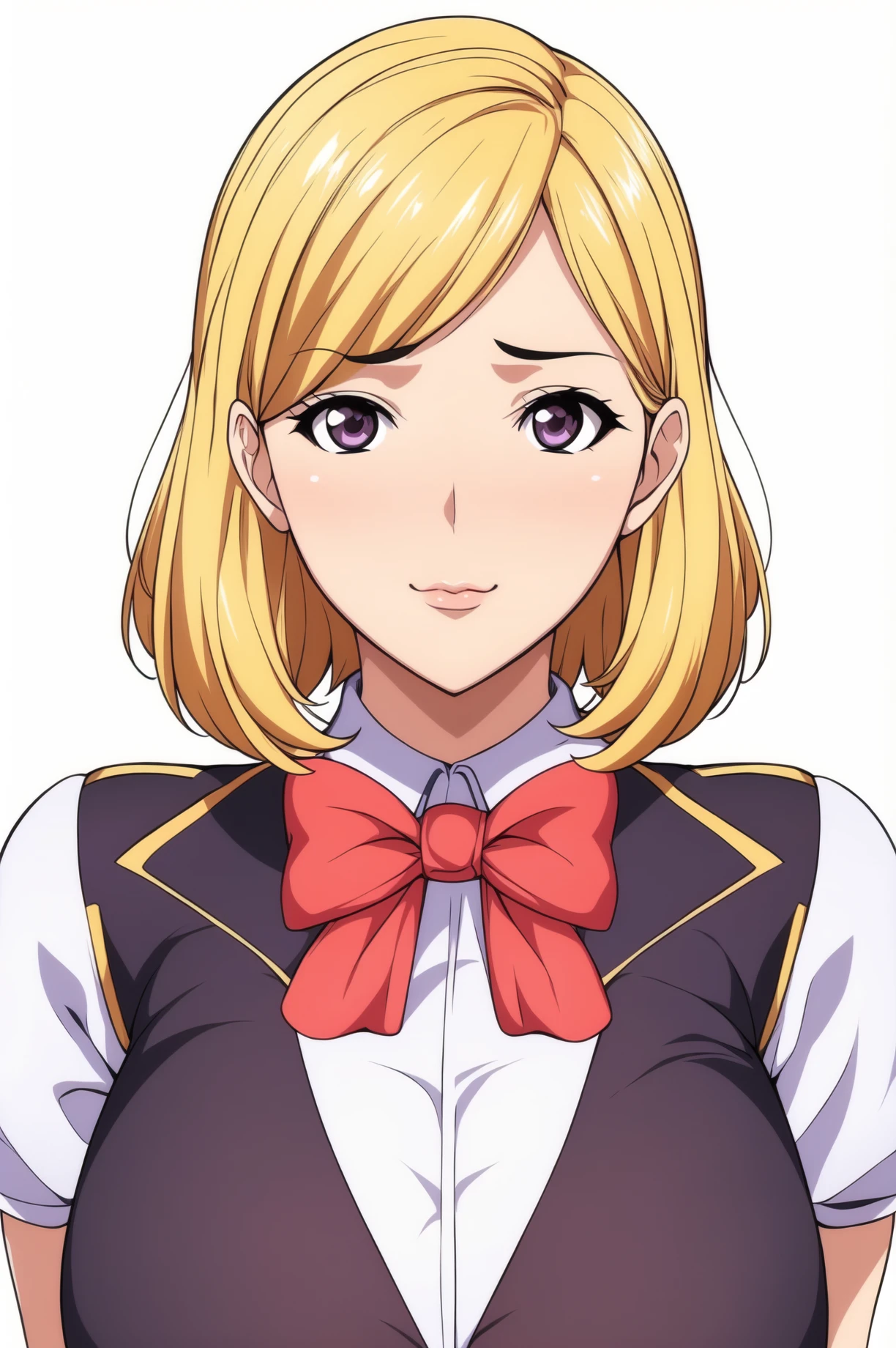 Simple Background,(White_Background:1.1),
dynamic pose,standing at attention,
band uniform, short sleeves, puffy sleeves,magical girl, elbow gloves, red bowtie,Red Skirt, idol clothes,
<lora:Mari_Tachibana_backStreet-KK77-V1:0.7>, Mari_Tachibana_backStreet,
Purple eyes, blonde hair,bangs,Short hair,Makeup, red lipstick,
<lora:more_details:0.1>,<lora:NovelAI_YesMix5_KKStyle-KK77-Yes5-V1:0.3>,<lora:Oda_Non_Style2-KK77-Yes5-V1:0.3>,
1 girl, 20yo,Young female,Beautiful long legs,Beautiful body,
Beautiful Nose,Beautiful character design, perfect eyes, perfect face,expressive eyes,perfect balance,
looking at viewer,(Focus on her face),closed mouth, (innocent_big_eyes:1.0),(Light_Smile:0.3),
official art,extremely detailed CG unity 8k wallpaper, perfect lighting,Colorful, Bright_Front_face_Lighting,White skin,
(masterpiece:1.0),(best_quality:1.0), ultra high res,4K,ultra-detailed,
photography, 8K, HDR, highres, absurdres:1.2, Kodak portra 400, film grain, blurry background, bokeh:1.2, lens flare, (vibrant_color:1.2),professional photograph,
(Beautiful,large_Breasts:1.4), (beautiful_face:1.5),(narrow_waist),