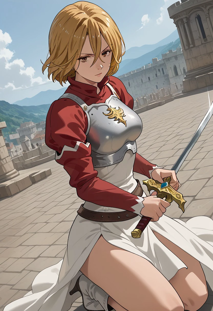 score_9,score_8_up,score_7_up, Jillian, 1girl, solo, blonde hair, Reddish-Brown eyes, short hair, breasts, hair between eyes, JillianDR, dress, armor, breastplate, boots, high heels,    holding sword, red sleeves, upper body,