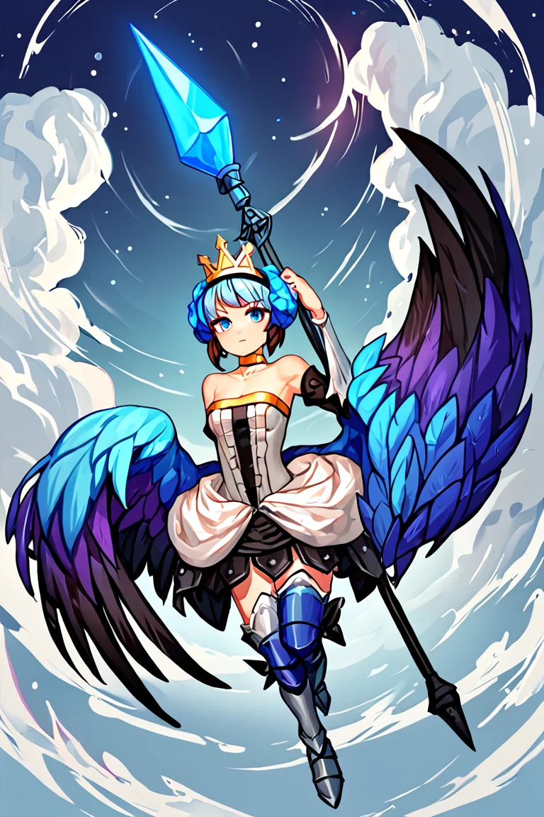 score_9, score_8_up, score_7_up, gwendolyn, 1girl, solo, crown, weapon, polearm, long hair, wings, armor, spear, strapless dress, blue eyes, strapless, bare shoulders, armored dress, dress, multicolored wings, choker, boots, low wings, grey hair, short hair