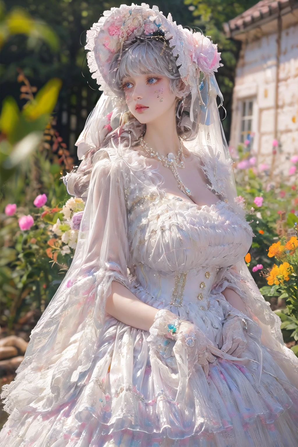 (masterpiece, best quality:1.2),illustration,8k,hd,1girl,solo,silver hair,long hair,cowboy shot,
mjpy,white dress,jewelry,bonnet,ribbon,hair ribbon,pearl necklace,frills,corset,hair ornament,white gloves,bonnet,frilled dress,
(collarbone:1.2),big breasts,saggy breasts,(cleavage:1.2),extremely detailed dress,