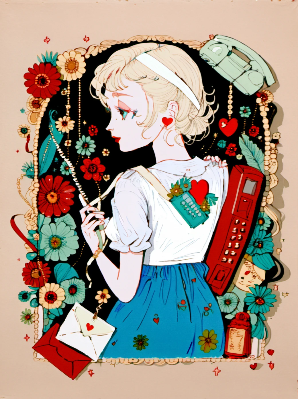 hxsj, a young woman. she has light skin and short, wavy blonde hair adorned with small, colorful flowers. her eyes are closed, and she is turned slightly to the left, allowing a view of her back. she wears a white t-shirt with a detailed, colorful drawing of a person in a blue dress, and a red, open jacket draped over her shoulders. in the foreground, a white, retro-style telephone rests on the right side, and a white envelope with a red heart on it is positioned on the left. a white, heart-shaped pendant hangs from a white strap across her chest. surrounding the woman are various objects arranged in a circular pattern: a small, blue flower vase with white flowers on the left, a green plant with a white flower on the right, and a pink flower on the top. the background is a solid, bright red.