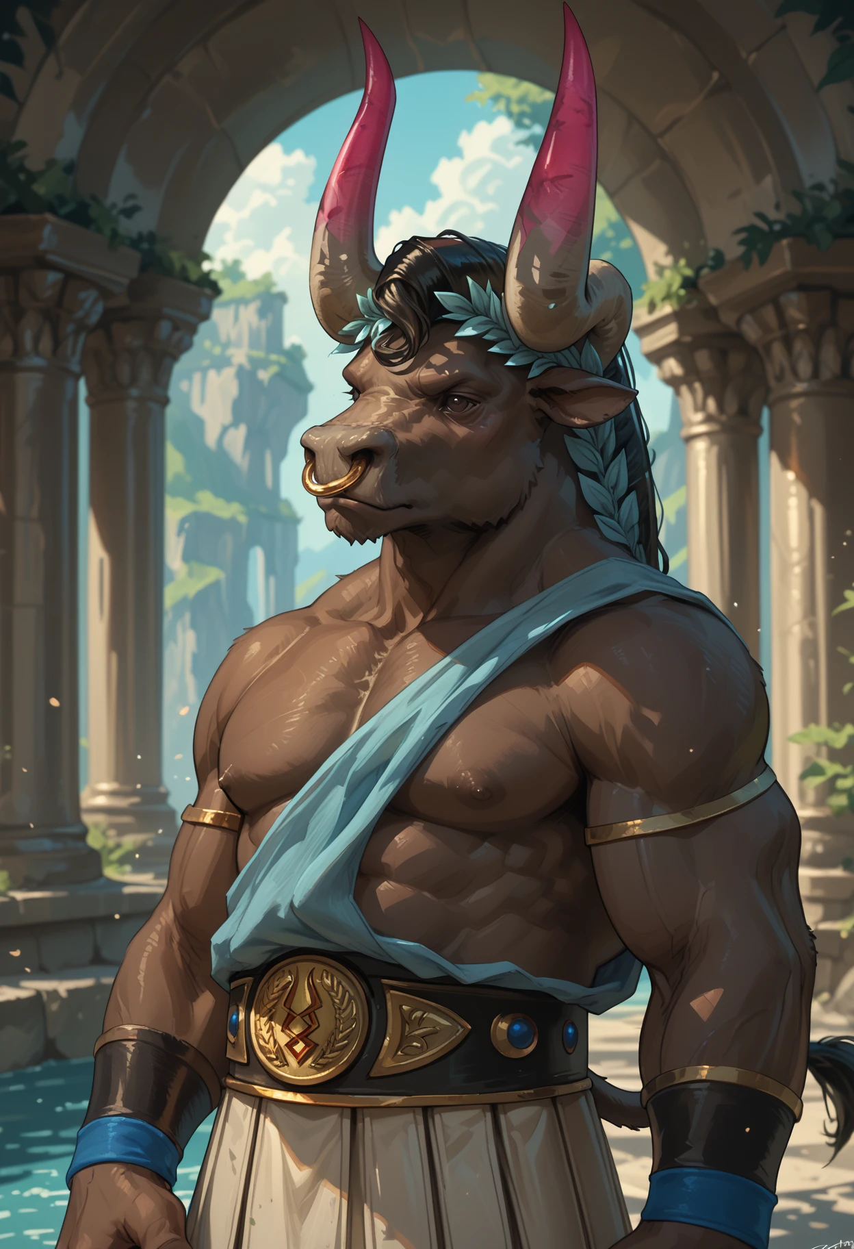 zPDXL3, score_9_up, score_8_up, score_7_up, detailed, source_furry, (best quality:1.2), hi res, ambient lighting, digital painting \(artwork\) BREAK portrait, greek mythology, asteriushades, horns, minotaur, black eyes, tail, nose ring, muscular male  <lora:detailed_notrigger:1> <lora:Asterius_Hades_V1:1> <lora:d3t41l3dXLP:0.5>