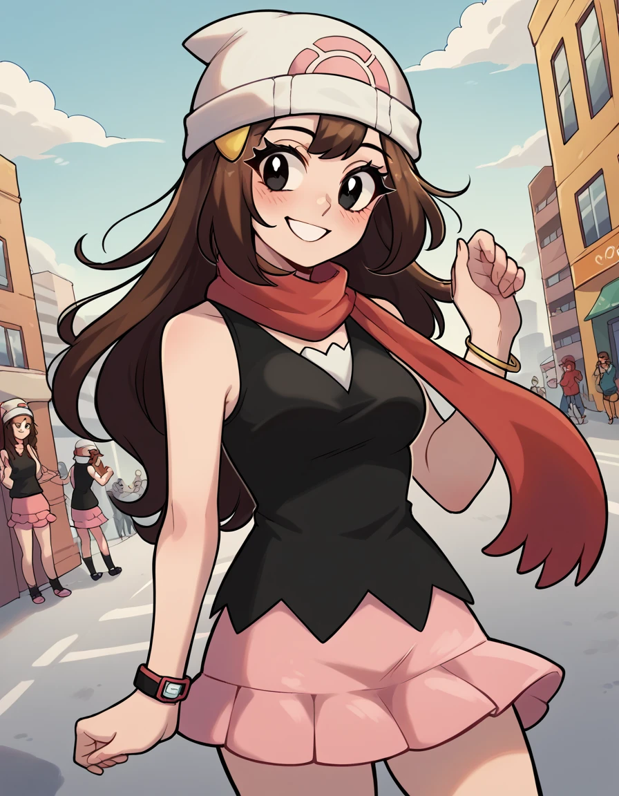 score_9, score_8_up, score_7_up, source_anime, <lora:dark-yellow-ponyxl-lora-nochekaiser:1>, dark yellow, brown hair, long hair, medium breasts, black eyes,, <lora:dawn-pokemon-cosplay-ponyxl-lora-nochekaiser:1>, dawnpokemoncosplay, dawn (pokemon) (cosplay), bare shoulders, beanie, black shirt, black socks, bracelet, hat, jewelry, kneehighs, miniskirt, pink skirt, red scarf, scarf, shirt, skirt, sleeveless, sleeveless shirt, white headwear,, cityscape, street, smile, blush,, , dutch angle,