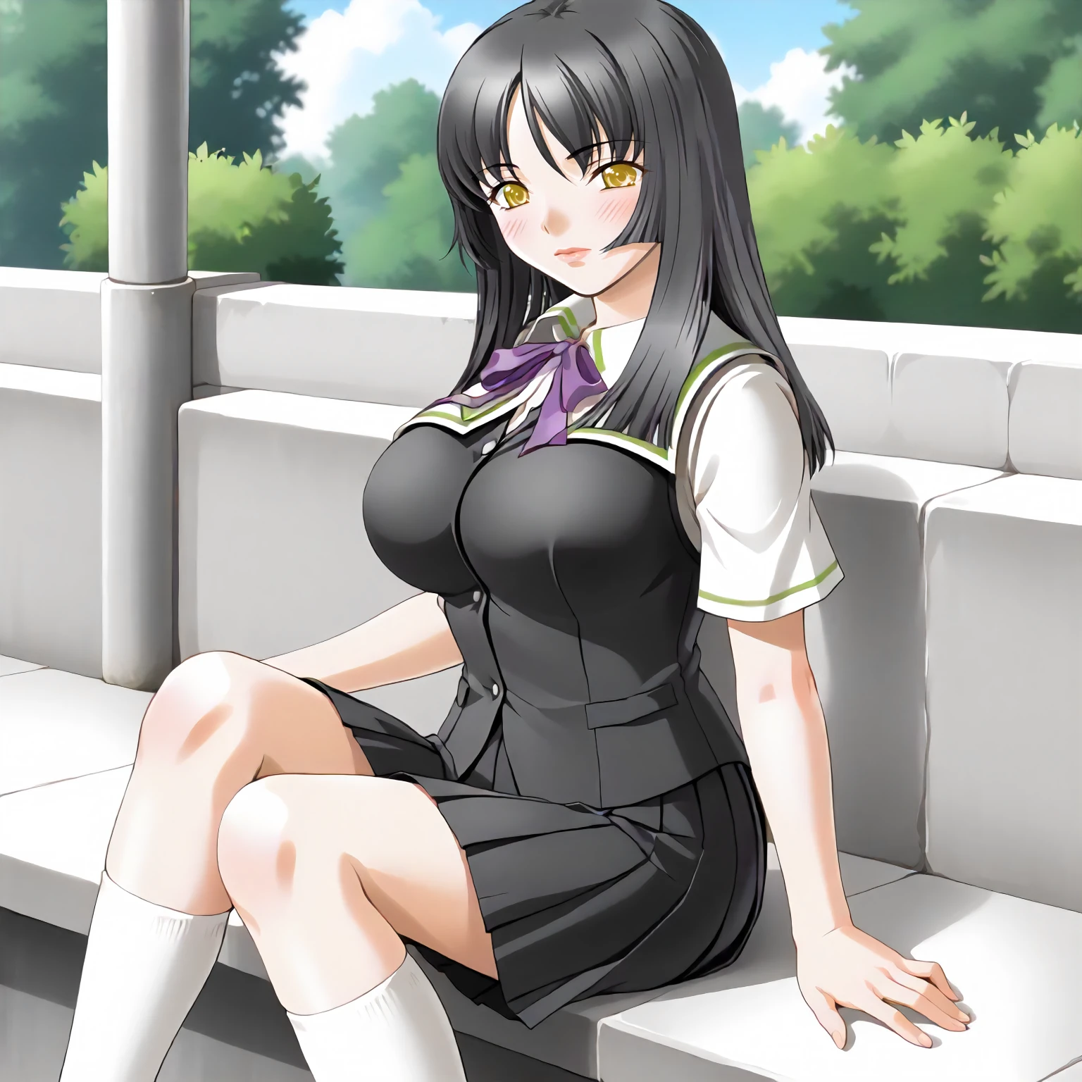 <lora:AtB_BiwaHanamaruXLpony001>,
outdoors,
solo,
BiwaHanamaru,1girl,black hair,long hair,yellow eyes,
large breasts,
school_uniform,white shirt,black vest,short_sleeves,
pleated_skirt,
sitting,