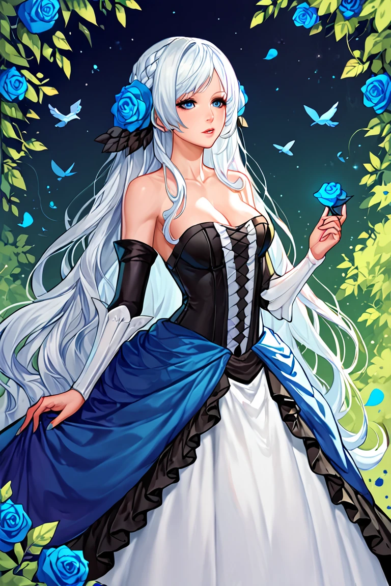 score_9, score_8_up, score_7_up, gwendolyn, 1girl, dress, solo, long hair, strapless dress, flower, bare shoulders, strapless, bird, blue flower, blue rose, detached sleeves, very long hair, white hair, breasts, cleavage, rose, blue eyes, hair ornament