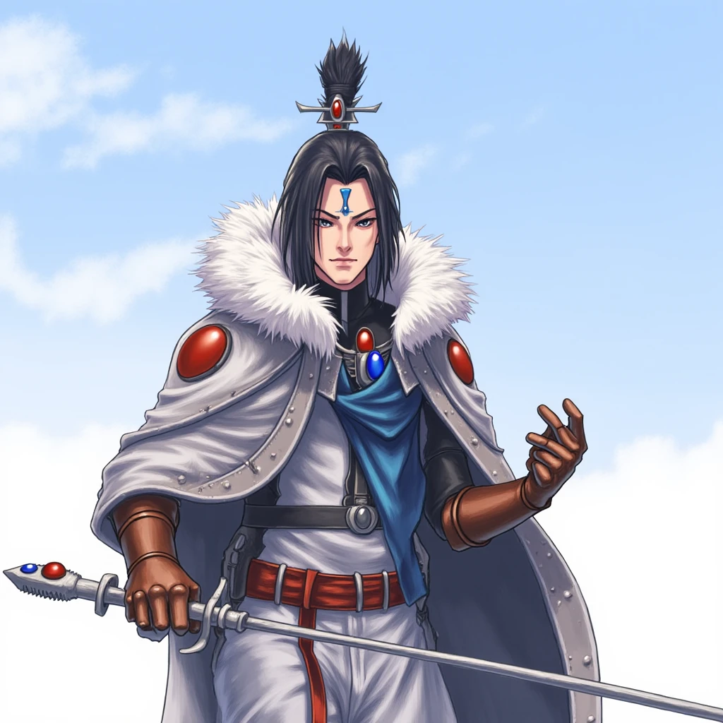 aeldari, asuryani, seer, aeldari's cape, solo, black hair, aeldari male, holding, weapon, male focus, sky, belt, fur trim, polearm, gauntlets, gem, snow, spear, snowing, forehead jewel