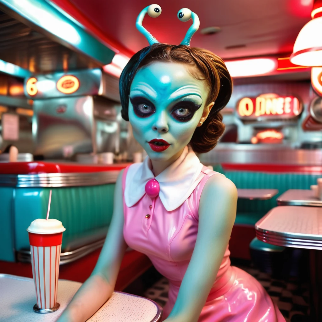 <lora:AlienGirl:1> an alien girl  as a waitress in a 60s diner