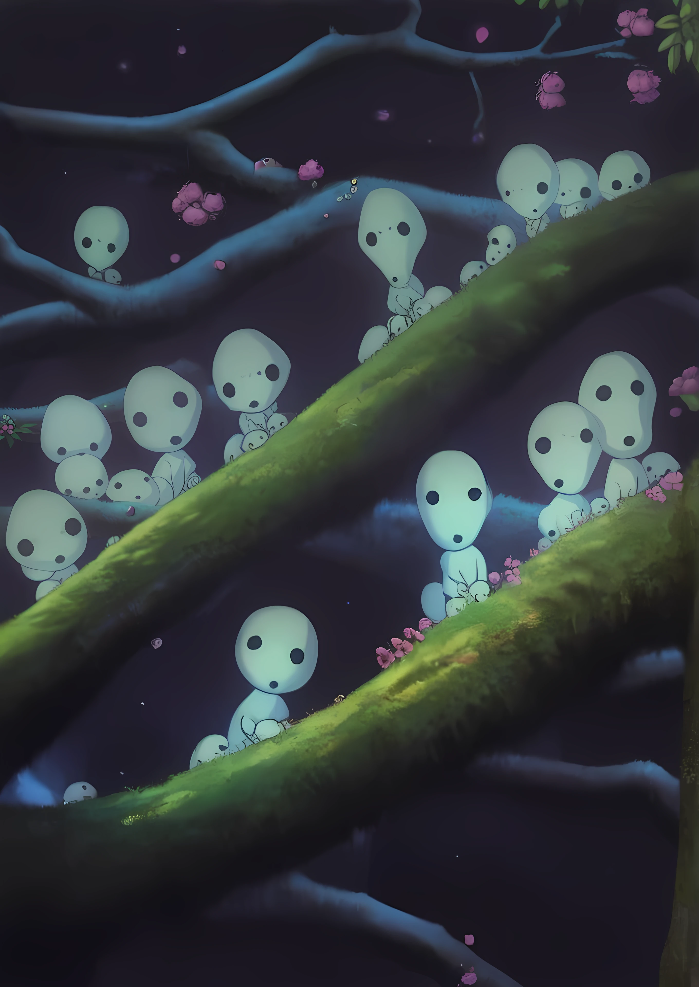 score_8_up, score_7_up, source_manga, rating_safe, <lora:Kodama_Tree_Spirit_-_Princess_Mononoke_1997:1.0> k0D4mA, 4kodama, group, spirits, ghosts, large heads, black eyes, 3 dots, no nose, small body, white body, transparent body, volumetric glow, cartoon aliens, tree branch with flowers, colourful, high res, forest background