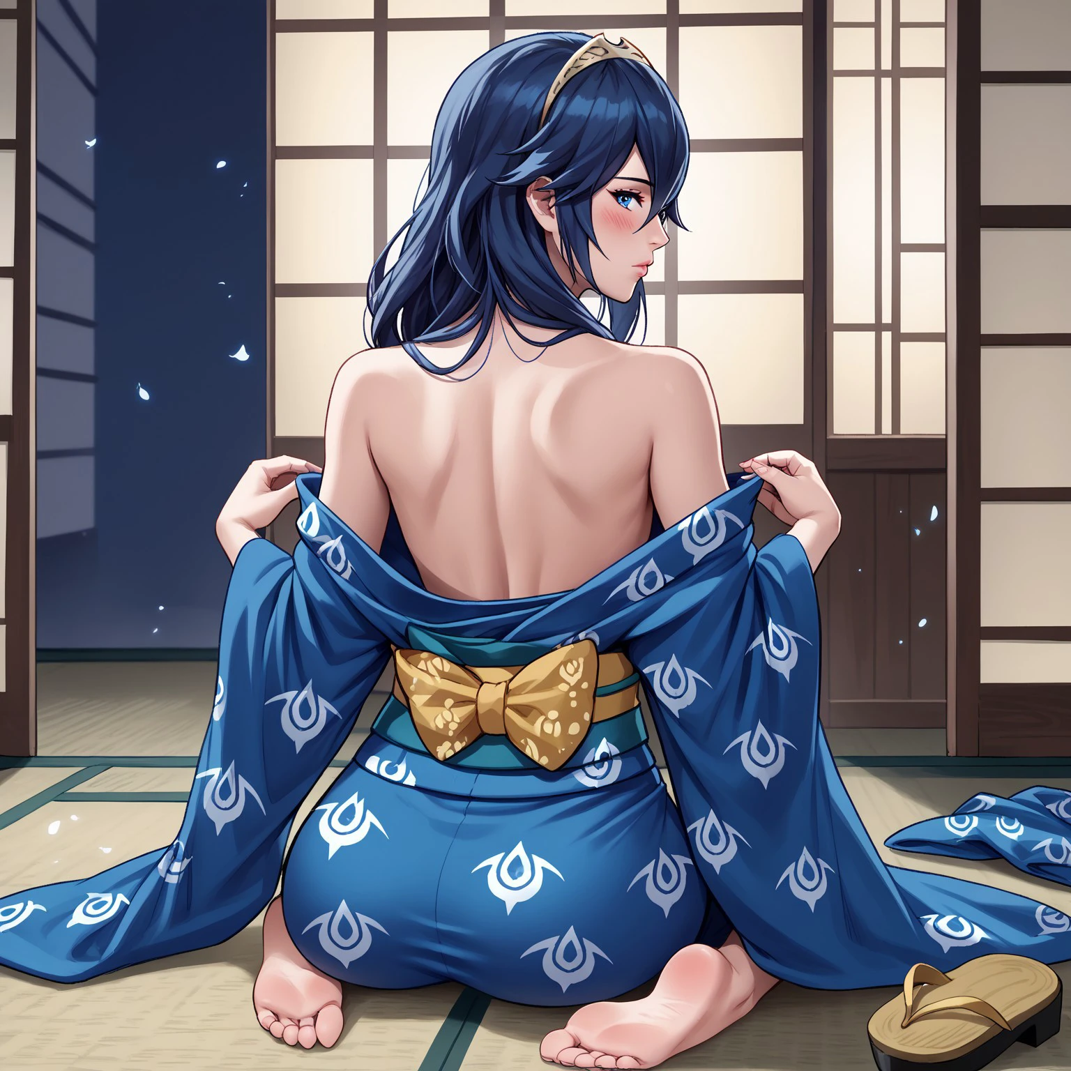 safe_pos, 1girl, ass, back, bare_back, bare_shoulders, blue_eyes, blue_hair, blue_kimono, blush, closed_mouth, fingernails, from_behind, hair_between_eyes, indoors, japanese_clothes, kimono, lips, long_hair, looking_at_viewer, no_shoes, pink_lips, sitting, solo, tiara, undressing, kimono_partially_removed, partially_undressed