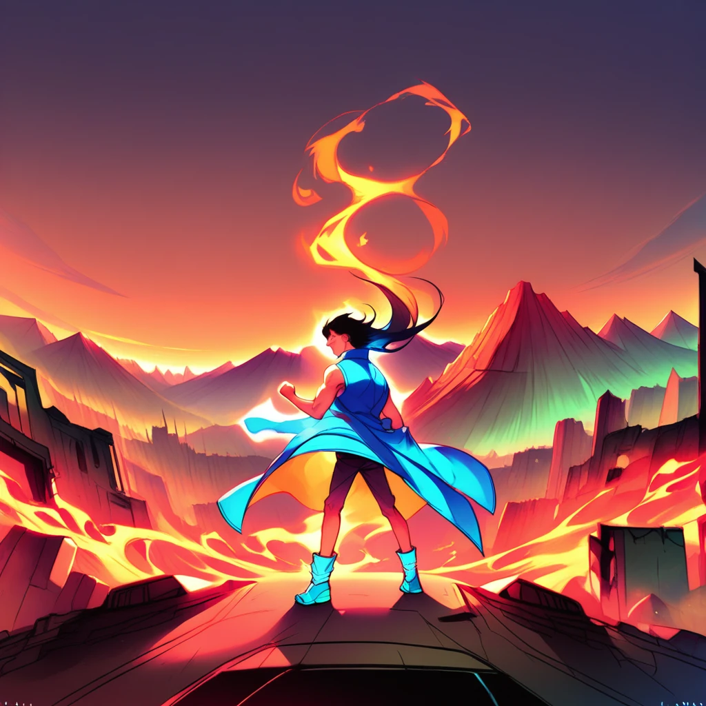 mountain, motor vehicle, blue fire, glowing, 1boy, bare shoulders, open coat, looking back, blue footwear, clenched hand, black hair, shirt, ruins, standing, sleeveless, skyscraper, from side, blue jacket, sky, fire, outdoors, long hair