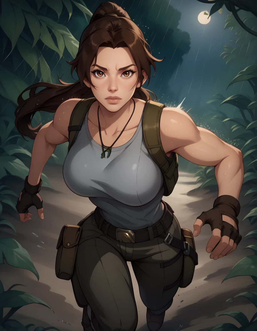 score_9, score_8_up, score_7_up,score_6_up, score_5_up, score_4_up ,
1girl, solo,
large breasts,
LaraDG,
long hair, ponytail, brown hair, brown eyes, 
fingerless gloves, boots, belt, pants, tank top, grey shirt, 
jungle, night, rain, motion lines,
 running, looking at viewer, 
 <lora:Lara Croft LoLC PXL v01:0.90>