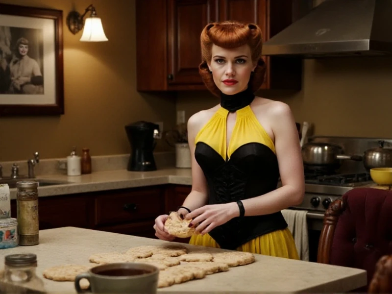 SilkSpectre1 baking cookies. She wears a yellow and black turtleneck corset in a vintage kitchen <lora:SilkSpectre1:0.9>