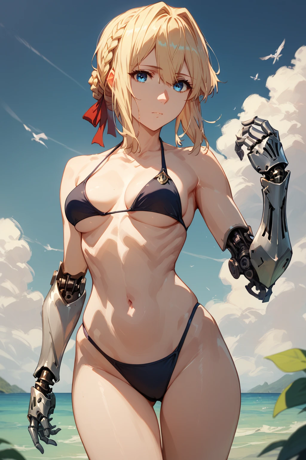 score_9, score_8_up, score_7_up,1girl,violet evergarden,blonde, braid, red ribbon, blue eyes, medium breasts,mechanical_arms, bikini, cowboy shot