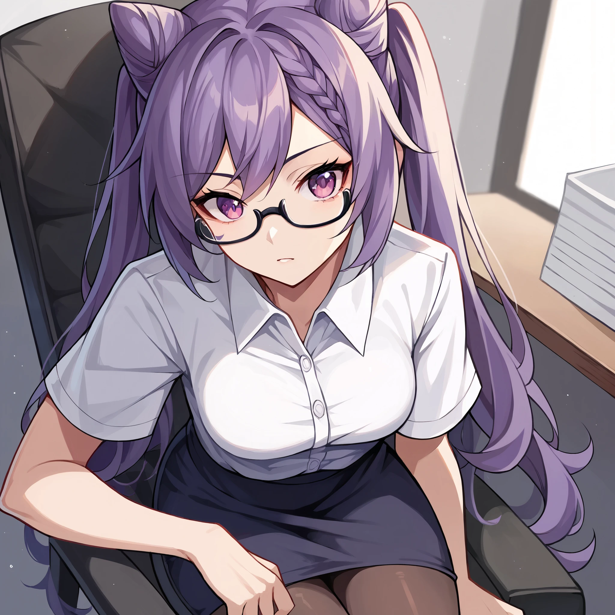 score_9, score_8_up, score_7_up, score_6_up, score_5_up, score_4_up, BREAK source_anime, look at viewer, rating_safe,  1girl, solo,  masterpiece, best quality,  keqingcs, purple hair, cone hair bun, purple eyes, long hair, double bun, braid, twintails,   indoors, sitting, office chair, white shirt, collared shirt, pencil skirt, pantyhose, glasses, short sleeves, office lady,