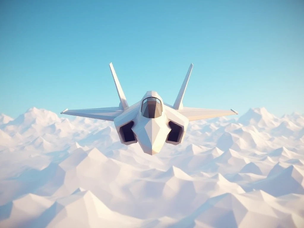 lo-ply_ a low-poly render of a fighter jet flying through the air. Blue skies and fluffy clouds.