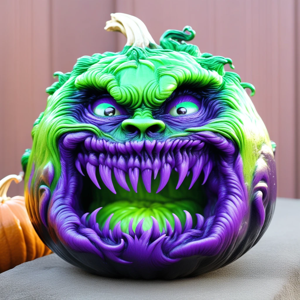 pumpkin monster carving green and purple outside