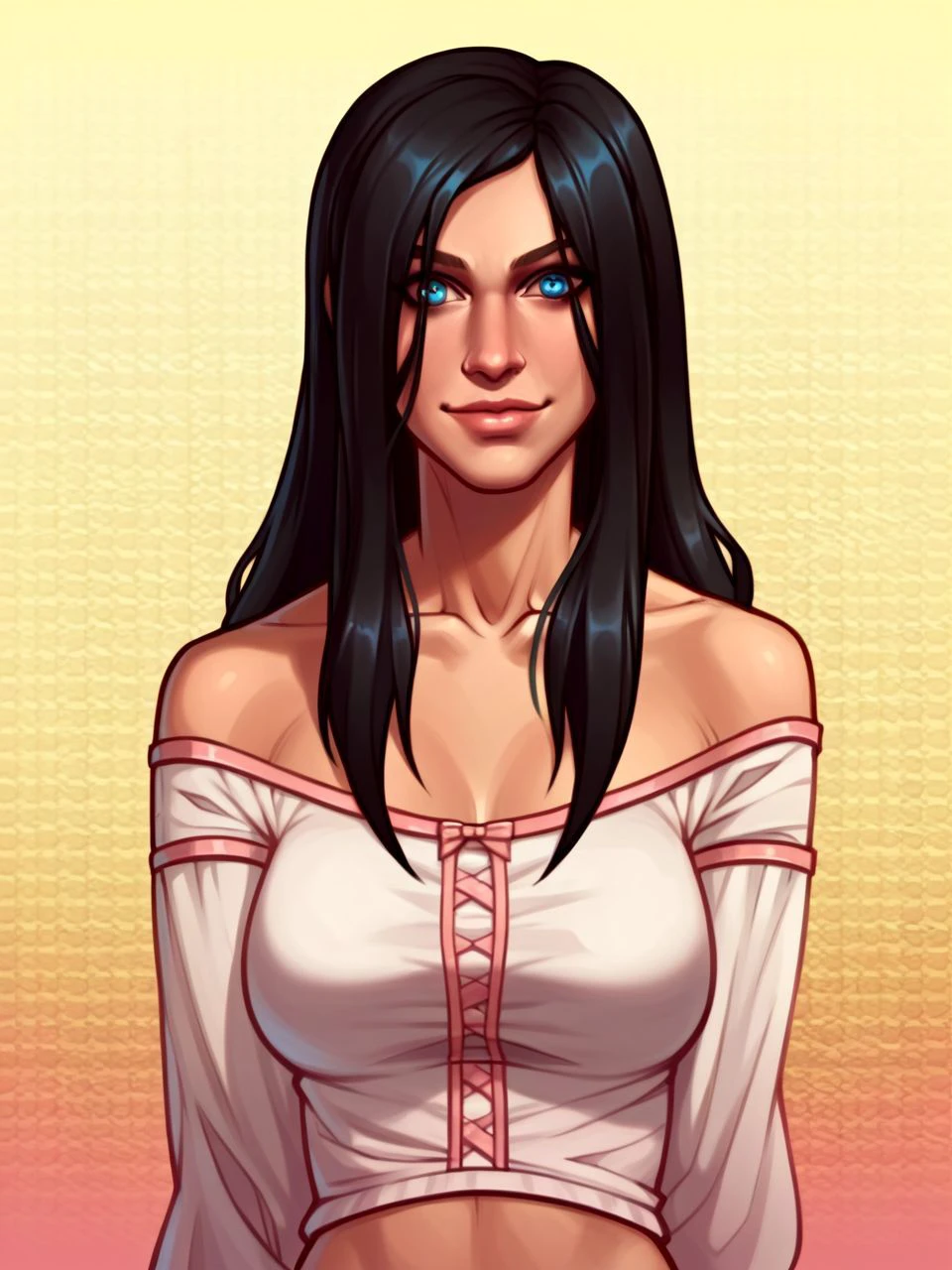 zPDXL3, 
isabeladr, tan-skinned female, black hair, blue eyes, crop top, off shoulder,
upper body, looking at viewer, faint smile, closed mouth, 
<lora:isabelaDR_PDXL:1.0>,
(honeycomb \(pattern\) background:1.05), colorful gradient background, realistic,