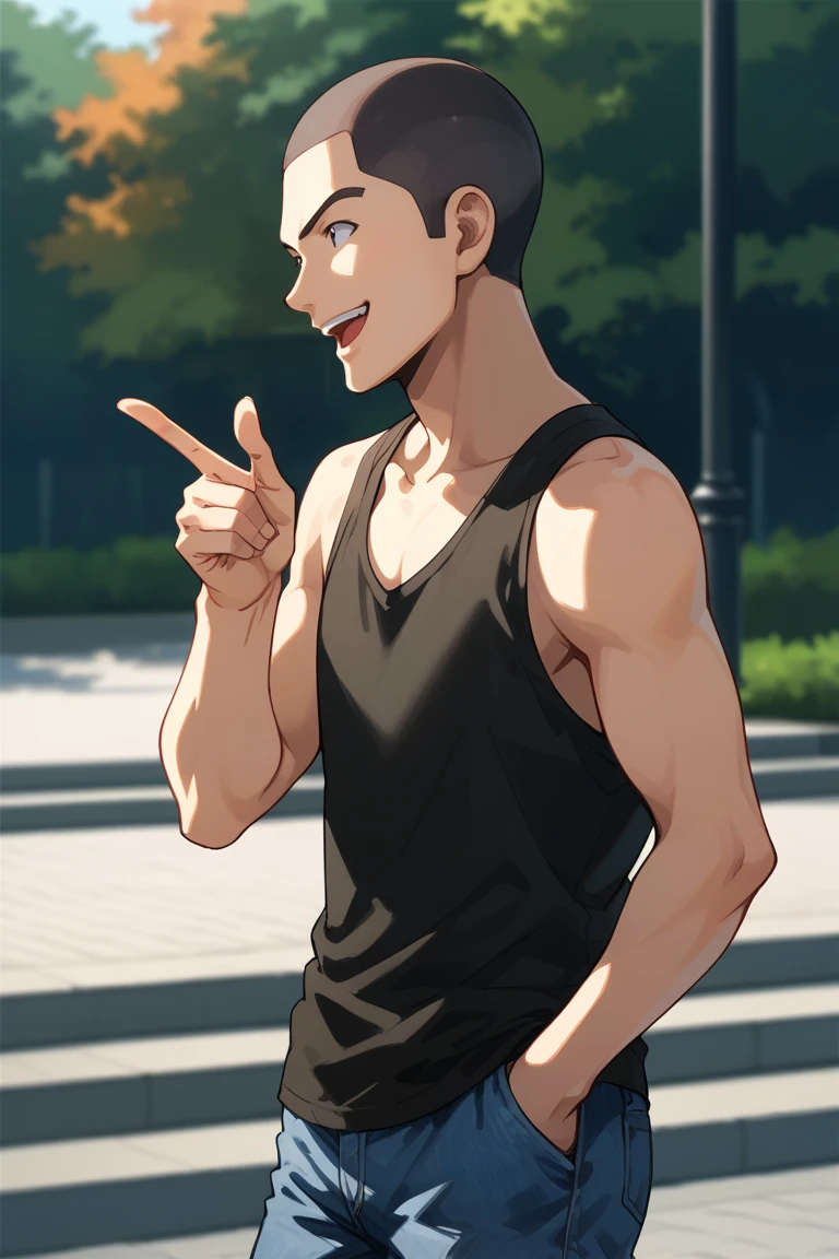 score_9, score_8_up, score_7_up, source_anime, rating_safe, day, natural lighting, male focus, looking away, pointing, 1hand in pocket, smiling, OkajimaAC, black_Okajima_eyes, black_Okajima_very short hair, buzz cut, open mouth, tank top, jeans, autumn clothes, 1boy, blurry outdoors park, from side, dutch angle, intricately detailed illustration, depth of field, atmospheric perspective